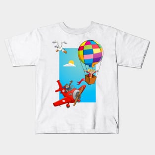 Cartoon style drawing of a girl in a balloon and a red airplane. Kids T-Shirt